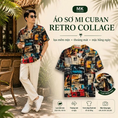 Áo Sơ Mi Cuban nam Retro Collage MKCLEVER Chất lụa mềm mịn, thoáng mát, chống nhăn, form rộng mặc hằng ngày