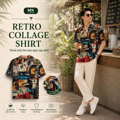 Áo Sơ Mi nam Cuban Retro Collage MKCLEVER chất lụa Hàn mềm mịn, thoáng mát, không nhăn, form không ôm, chuẩn dáng
