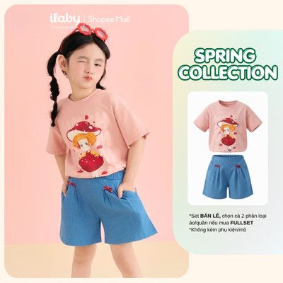 Set bộ bé gái ILABY áo thun in hình cotton 4 chiều và quần short đính nơ size từ 9-40kg [3820+3938]