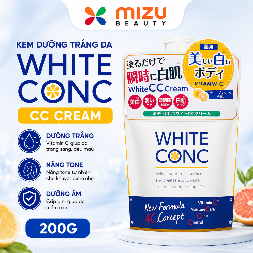 Sữa Dưỡng Trắng White CC Cream White ConC dạng túi Nhật Bản, Dưỡng thể White Con CC cream 200g