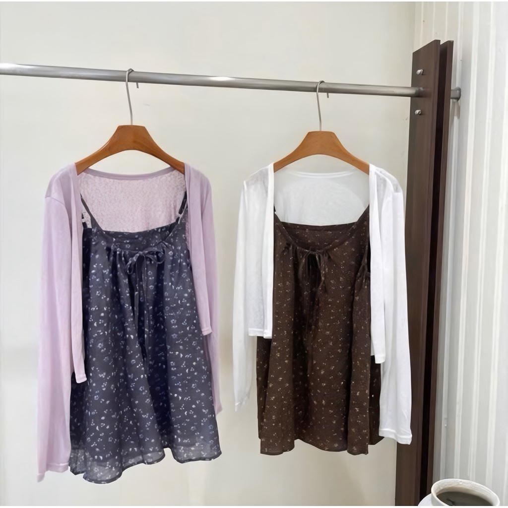 [Hàng Chuẩn QC] Set váy hai dây babydoll hoa lá hồng kèm áo cardigan mỏng khoác ngoài siêu xinh A5664 | BigBuy360 - bigbuy360.vn