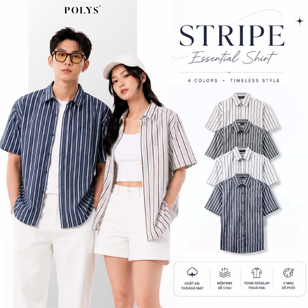 Áo sơ mi sọc Unisex POLYS vải Till sọc vintage, thoáng khí. Áo Sơ Mi Sọc Ngắn Tay POLYS