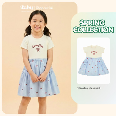 [ILABY 10-40kg] Váy bé gái thiết kế phối kẻ sọc nơ đỏ thêu chữ chất thiêu cotton thoáng mát [3851]