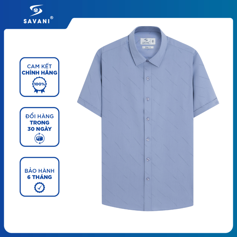 Áo Sơ Mi Ngắn Tay Tà Lượn Không Túi SAVANI, Kiểu Dáng SlimFit Ôm Gọn Cơ Thể, Đứng Form MSSA030S6