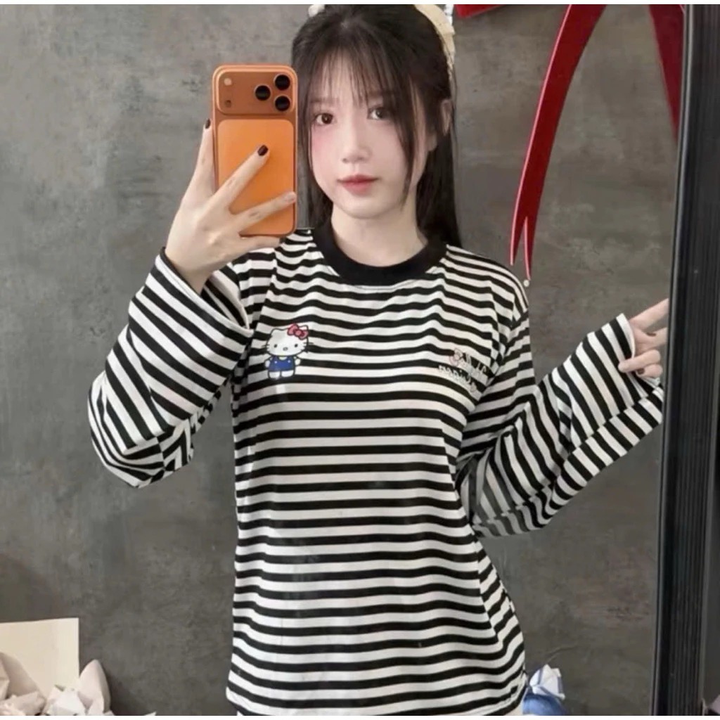 [Peinn] Áo thun dài tay kẻ sọc kitty habo dành cho nữ