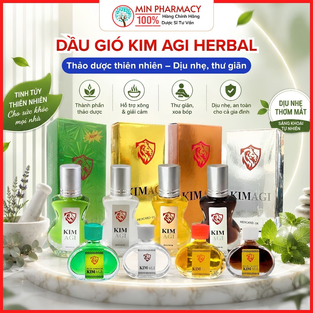Dầu gió KIM Agi Herbal Hương thơm thư giãn, Giữ ấm cơ thể chai 6ml - Minpharmacy