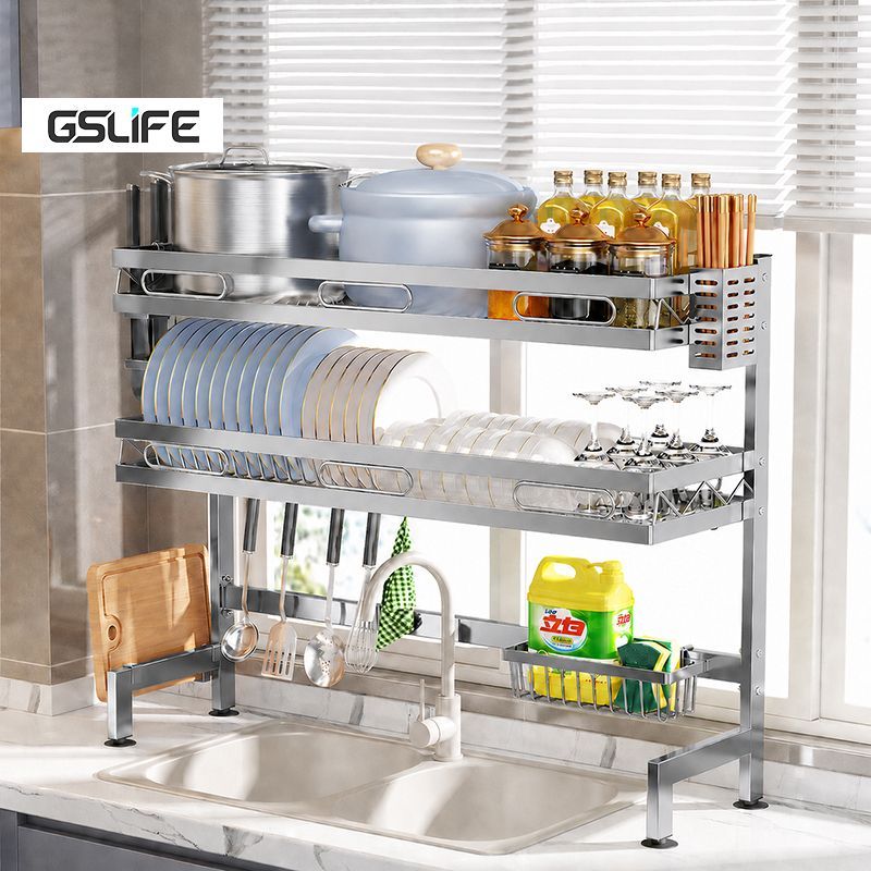 Gslife Kệ Để Chén Đĩa Inox 2 Tầng Đa Năng Kèm Giá Dao Đũa Khay Thớt Chống Gỉ Sét