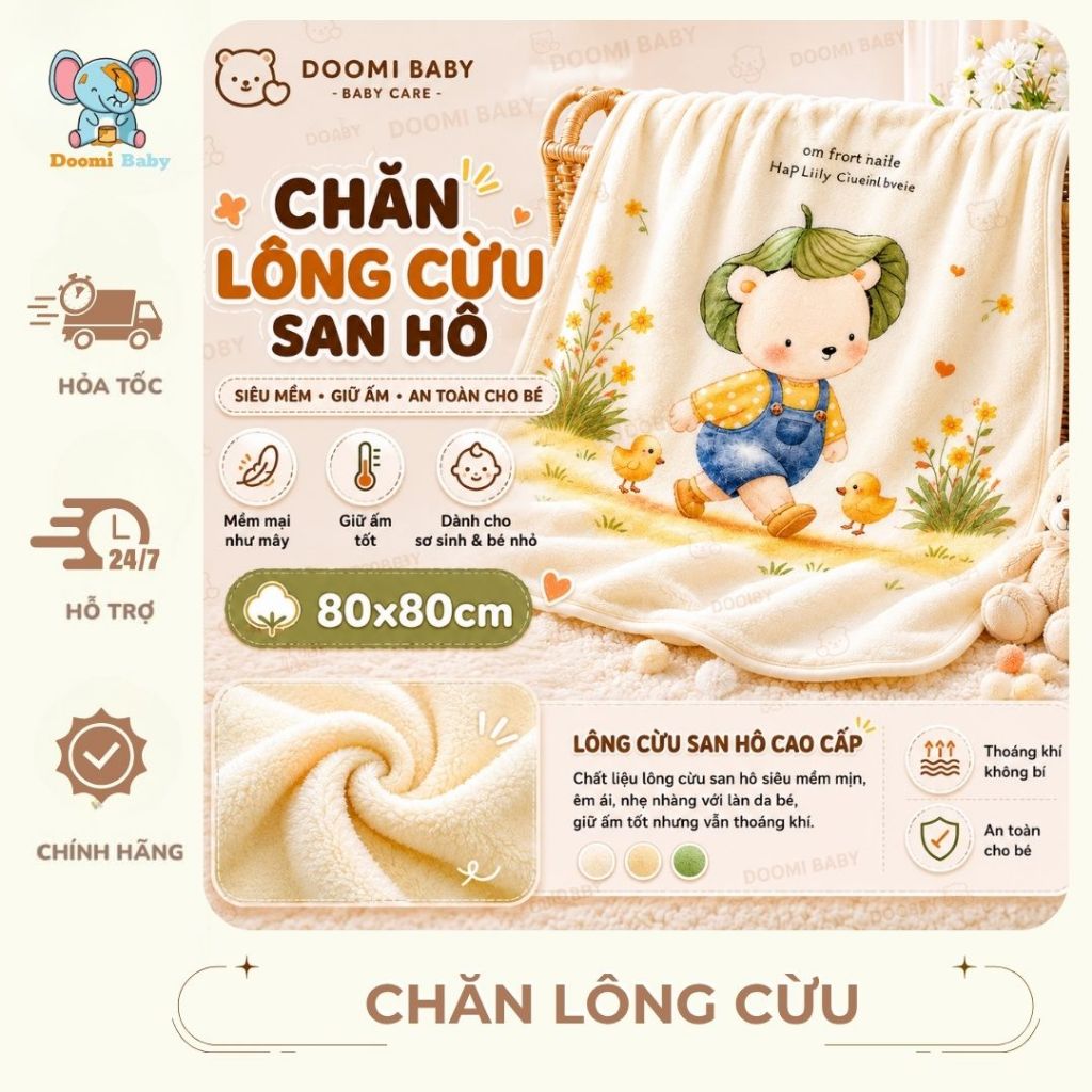 [Hàng Mới] Chăn Lông Cừu San Hô Cho Bé Kích Thước 80x80cm Doomi Baby - HT818