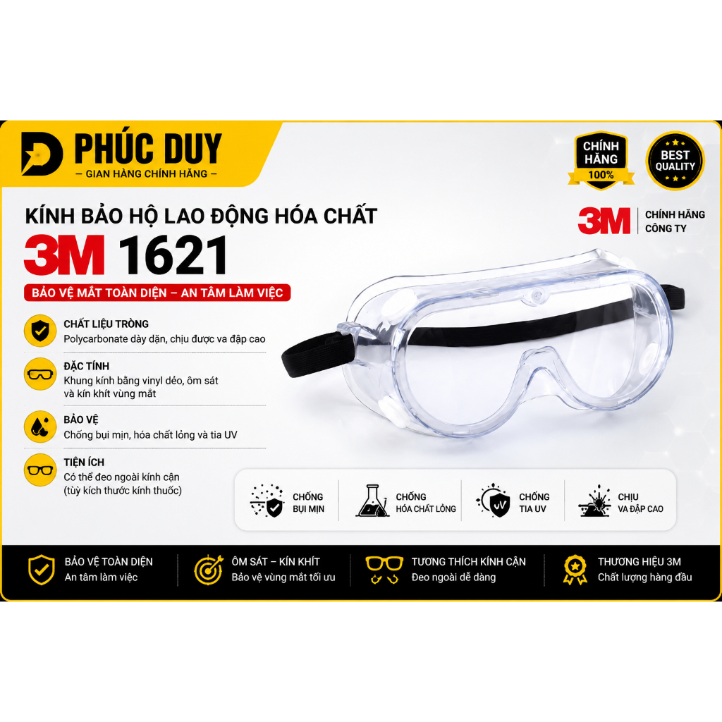 KÍNH BẢO HỘ LAO ĐỘNG HÓA CHẤT 3M 1621 CÔNG TY CHÍNH HẢNG