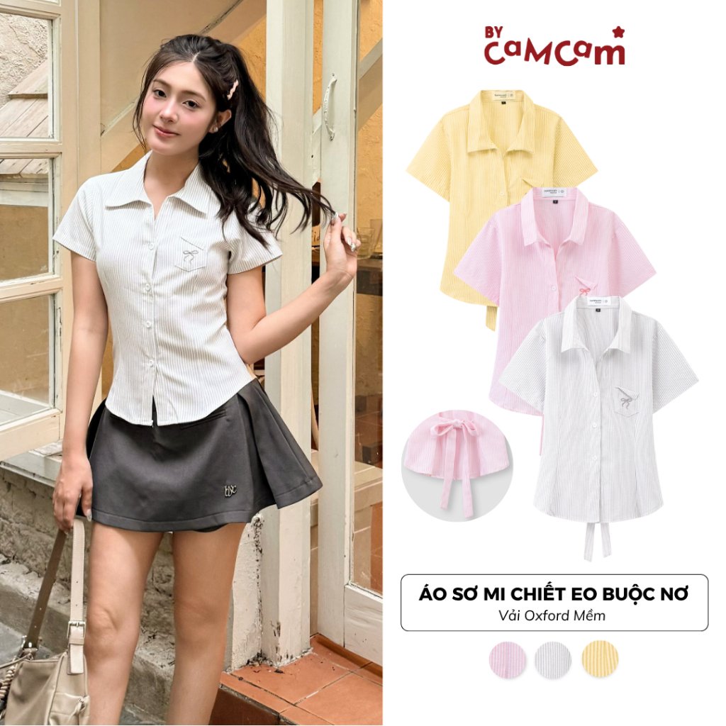 Áo Sơ Mi Chiết Eo 𝑩𝒚𝒄𝒂𝒎𝒄𝒂𝒎 Buộc Nơ Có Túi Ngực Dành Cho Nữ Phong Cách Hàn Quốc AMN004