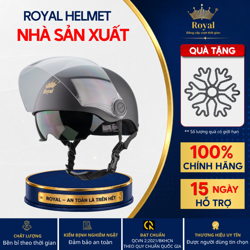 Mũ Bảo Hiểm Nửa Đầu Royal Helmet Chính Hãng M579K 2 Kính Chắn Gió Nam Nữ Bảo Hành 12 Tháng