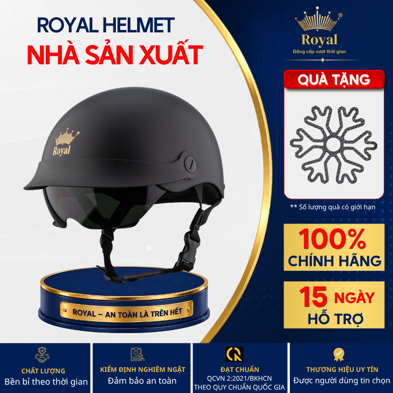Mũ Bảo Hiểm Royal Helmet Chính Hãng M579K  Kính Dài Trắng Kính Âm Đen Bảo Hành 12 Tháng