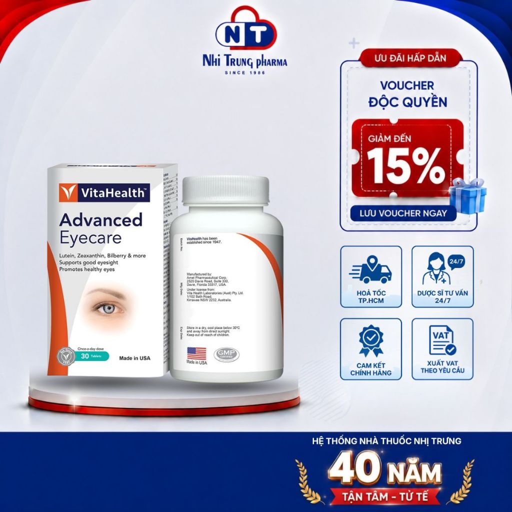 [HỎA TỐC HCM] Viên Uống VitaHealth Advanced Eyecare Hỗ Trợ Bổ Mắt, Sáng Mắt, Bảo Vệ Võng Mạc 30Viên