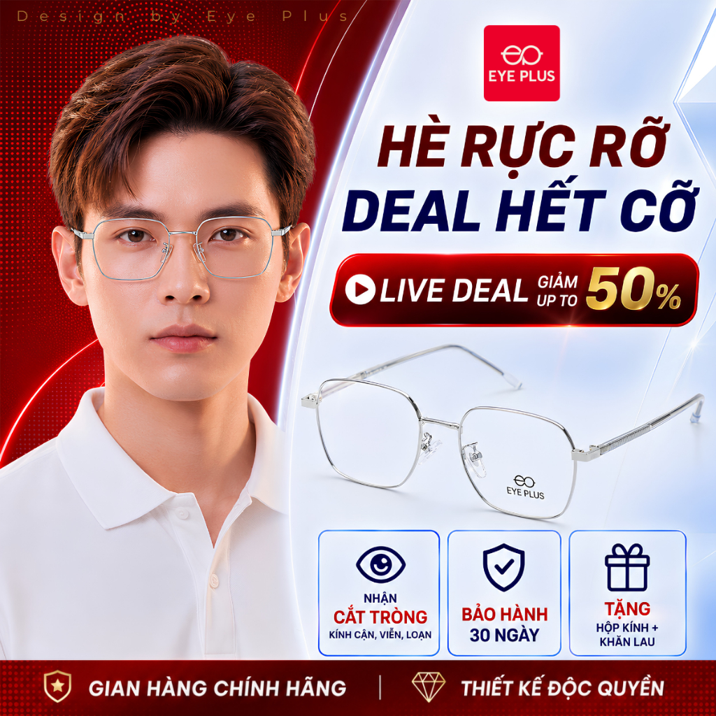 Gọng Kính Cận Mạ Titan Nam Nữ 7125 EyePlus Dáng Vuông Chuôi Bọc Nhựa TR90 Lõi Thép Bền Bỉ Thời Trang
