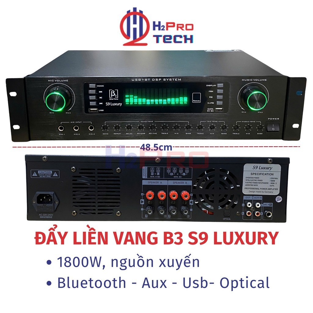 Cục Đẩy Liền Vang B3 S9 Luxury 2 Kênh 1800W- Xuyến Đồng Tải 2 Cặp Full 30, Chống Hú, Bluetooth-H2Pro