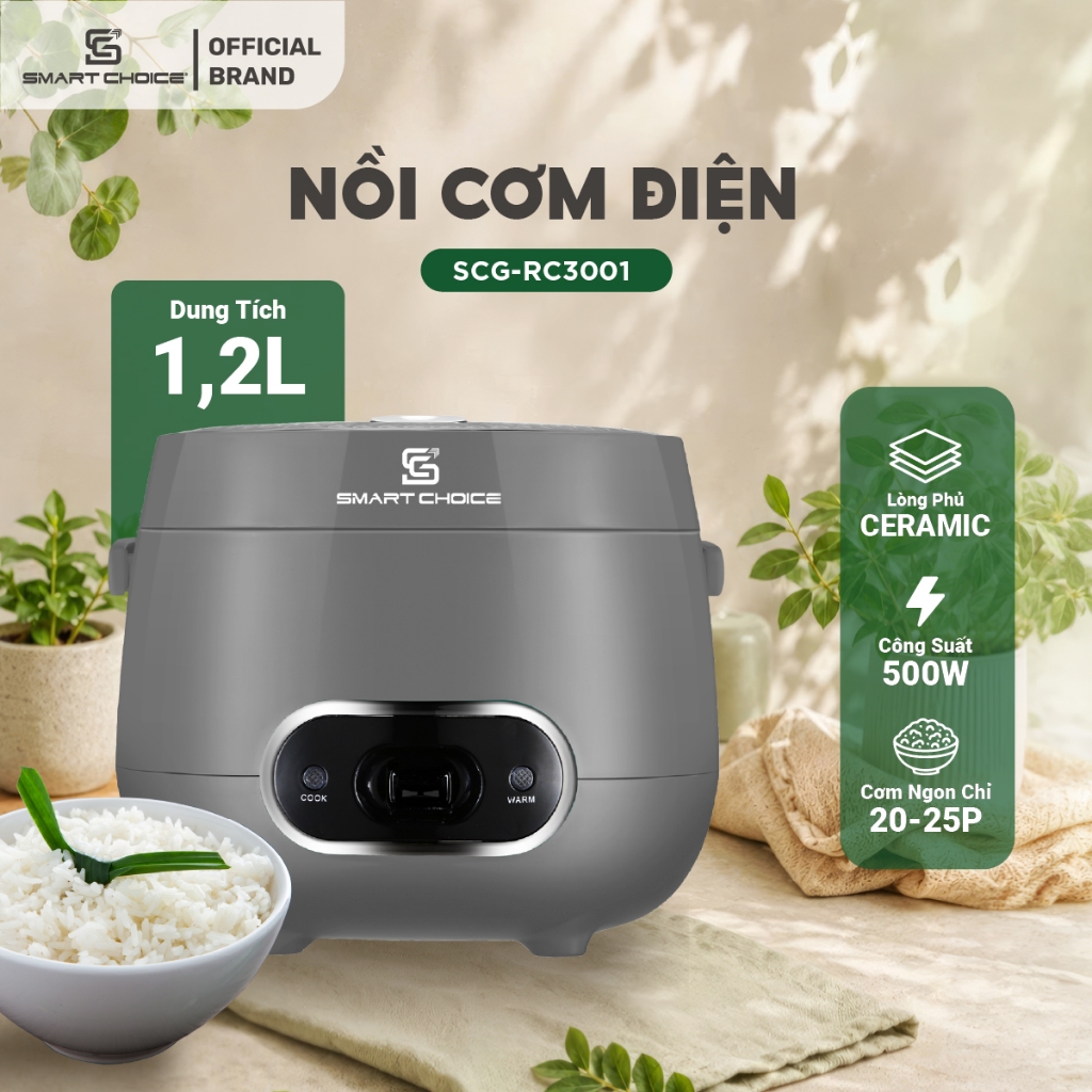 Nồi Cơm Điện Mini 1.2L SMARTCHOICE SCG-RC3001 Nồi Cơm Mini Lòng Phủ Ceramic Chống Dính Tốt Siêu Bền