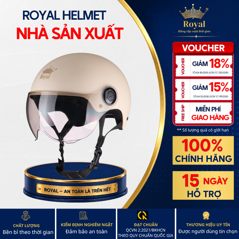 Mũ Bảo Hiểm Nửa Đầu Royal Helmet Chính Hãng M162K  Có Kính Chắn Gió Nam Nữ Bảo Hành 12 Tháng