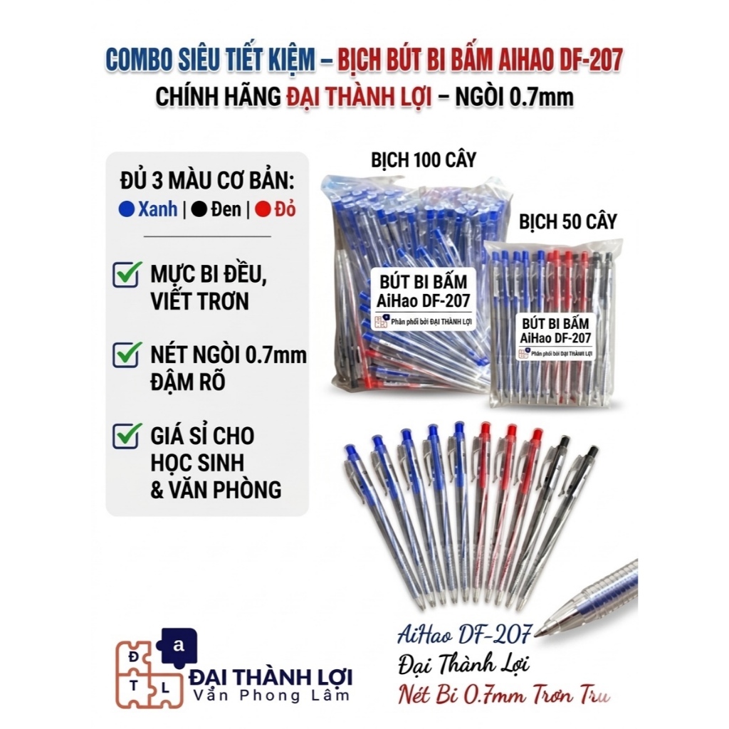 Combo 50/100 cây bút bi DF-207 ngòi 0.7mm( Mực Xanh/Đỏ/Đen/Mix Màu)