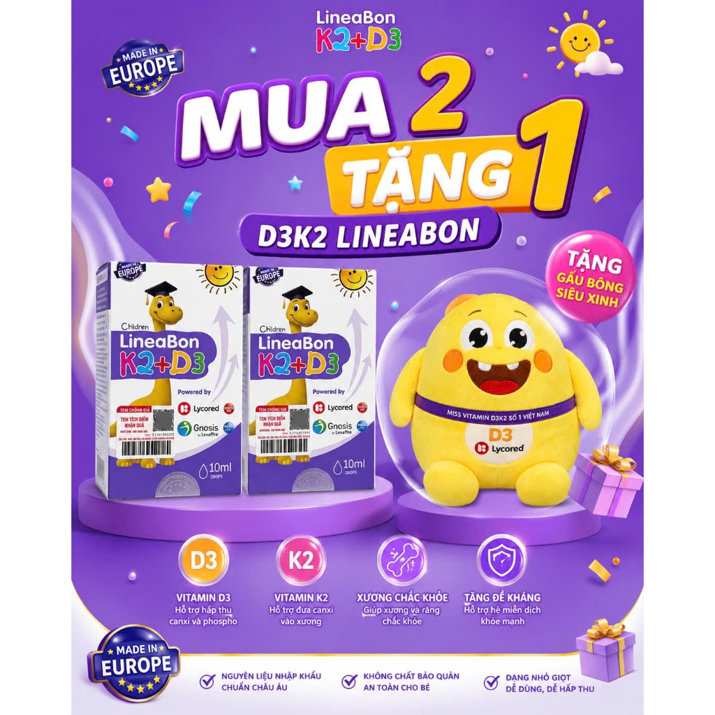 [CHÍNH HÃNG] D3 k2 Lineabon bổ sung vitamin d3 cho trẻ sơ sinh, giảm còi xương d2k3, tăng chiều cao