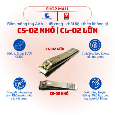 [HỎA TỐC] Bấm móng tay inox Kềm AAA CS-02 (nhỏ) | CL-02 (lớn) - Lưỡi cong - Hàng chính hãng