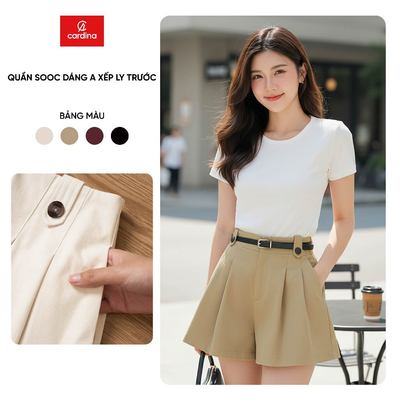 Quần đùi sooc nữ CARDINA chất liệu chéo kaki dáng A xếp ly trước 6QSA20