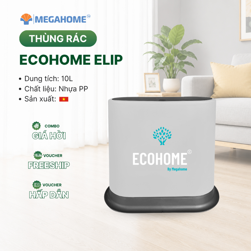 Thùng Rác Nắp Bật Elip Ecohome, Dung Tích 10L, chính hãng Megahome (màu ngẫu nhiên)