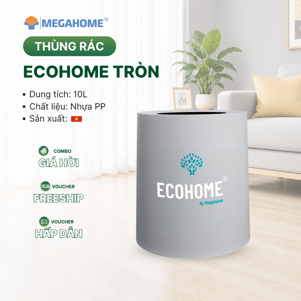 Thùng Rác Tròn Ecohome, Dung tích 10L, chính hãng Megahome (màu ngẫu nhiên)