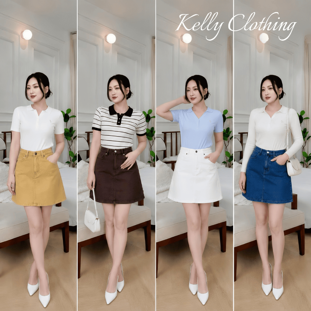 Chân váy jean chữ A ngắn cạp cao có quần bảo hộ, trẻ trung co giãn KELLY NGUYỄN | CVJ007