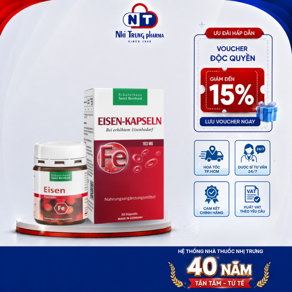 [HỎA TỐC HCM] SanctBernhard Eisen Kapseln - Bổ Sung Sắt Giảm Thiếu Máu Hoa Mắt Chóng Mặt Hộp 60 Viên