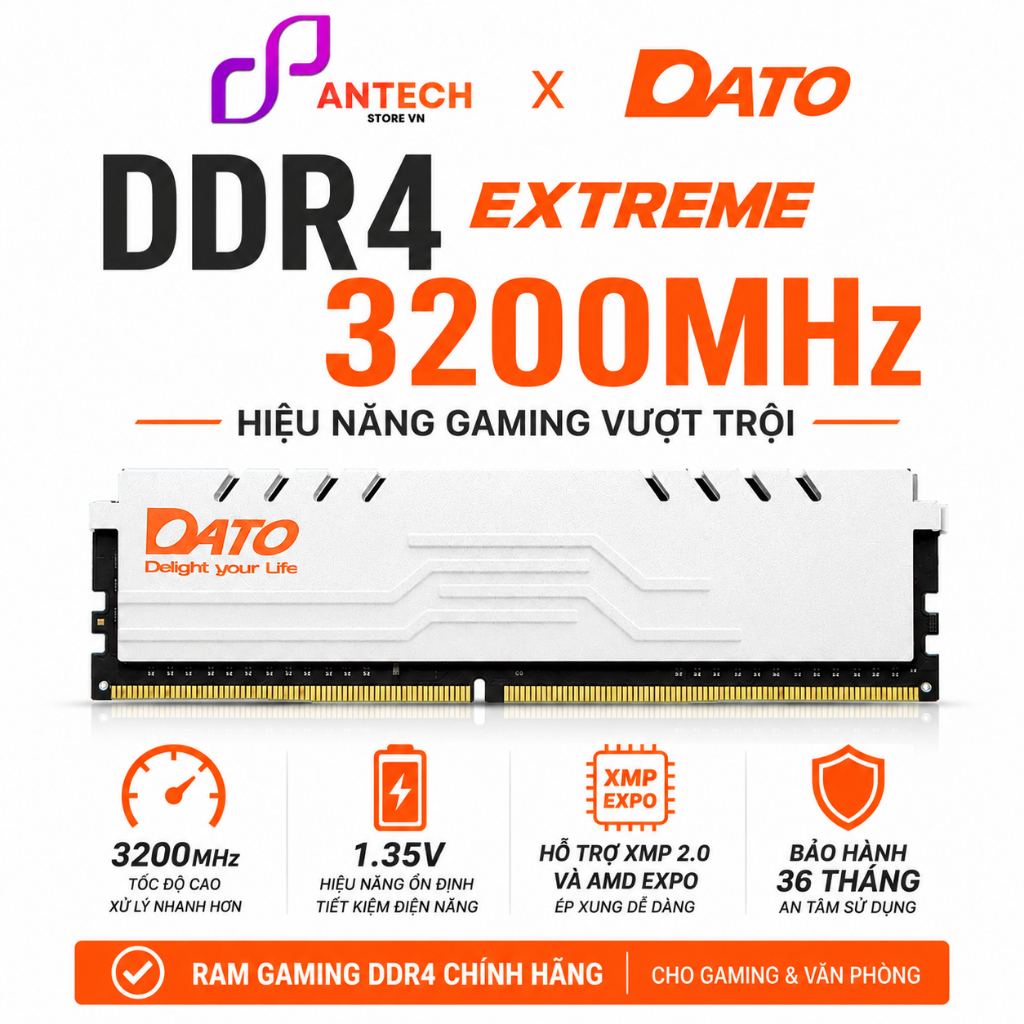 RAM DATO EXTREME DDR4 16GB 3200MHz Tản Nhiệt Trắng CL16 Gaming Desktop Intel XMP AMD EXPO BH 36 Thán