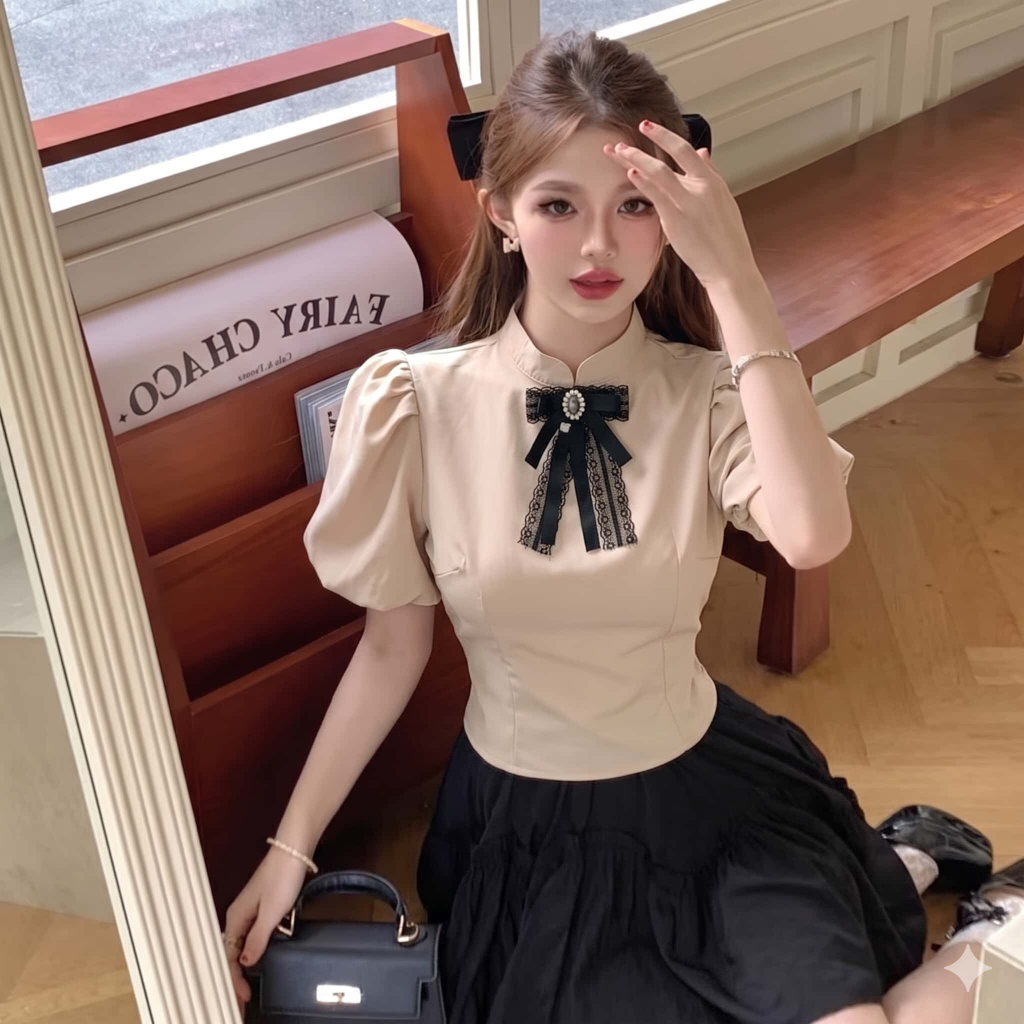 Áo Sơ Mi Nữ Tay Bồng Phối Nơ Tiểu Thư