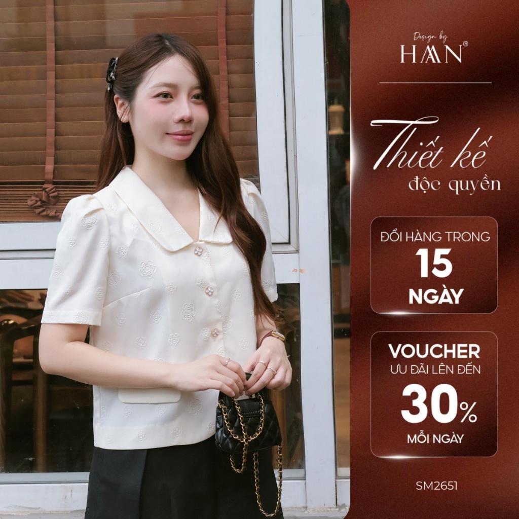 Áo Sơ Mi Nữ Ngắn Tay, Áo Kiểu Kem Hoa Trà Thiết Kế Đi Làm Đi Chơi - HAAN Design SM2651