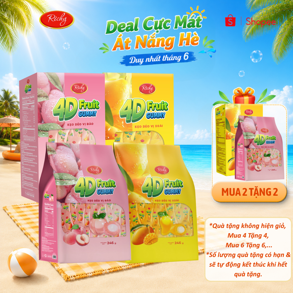 [MUA 2 TẶNG 2] Combo 2 Hộp/Túi Kẹo Dẻo Vị Trái Cây Richy 4D Fruit Gummy 2 Vị Xoài & Đào