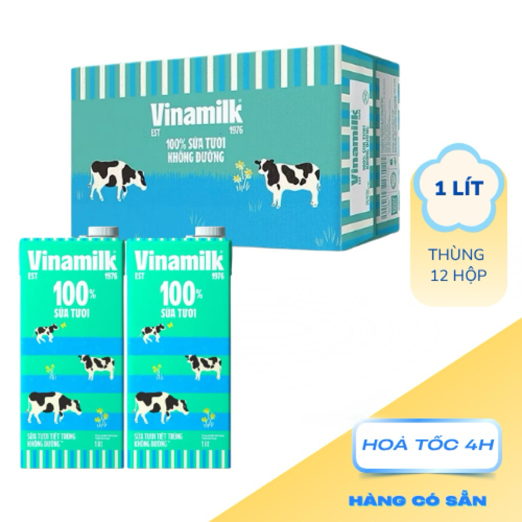 Thùng 12 hộp 1 Lít sữa tươi tiệt trùng Không Đường Vinamilk
