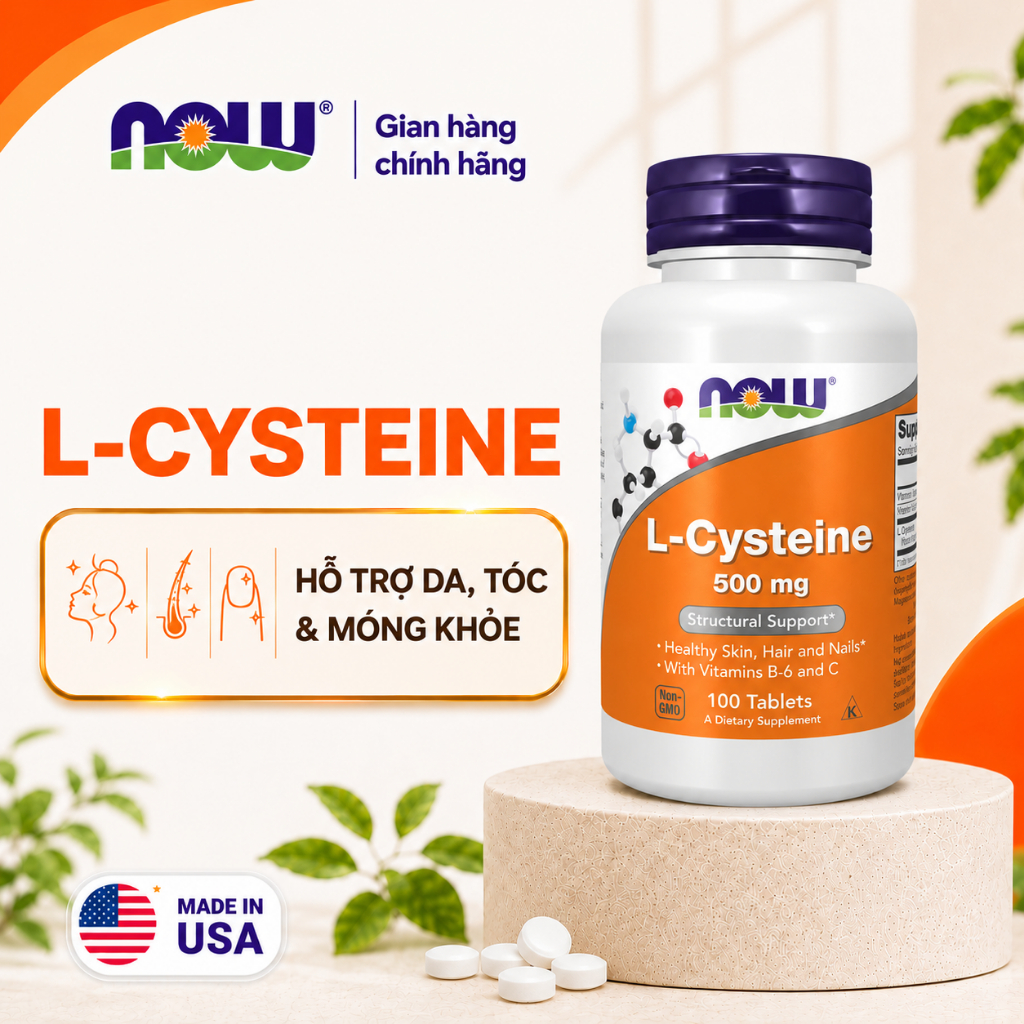 (đủ bill) Viên uống L-cystine with vitamin C, B6 Now giúp đẹp da móng tóc, giảm thâm nám, rụng tóc