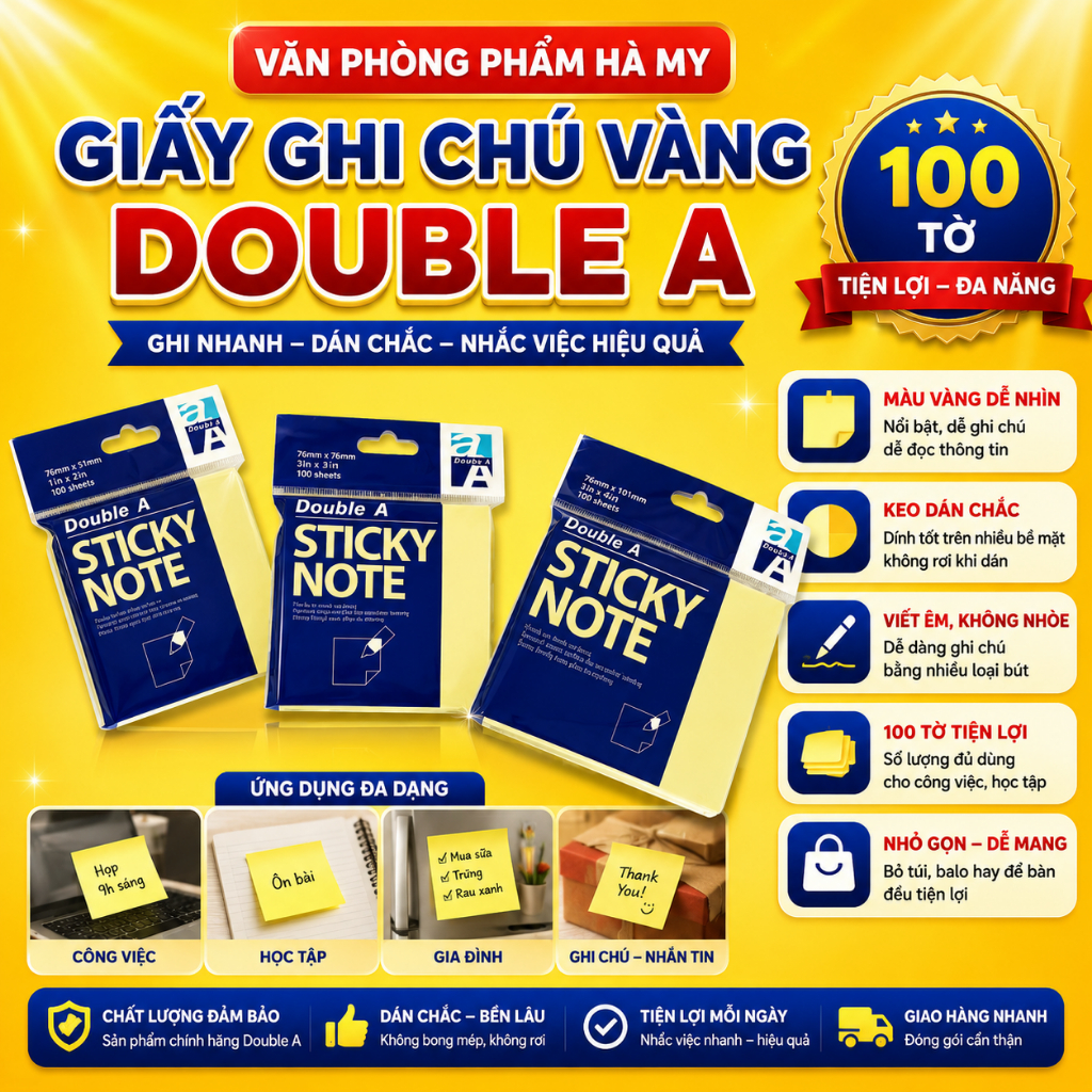Combo 5 Xấp Giấy note - Giấy ghi chú Vàng Double A