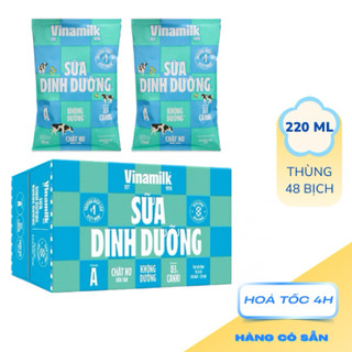 VINAMILK - Thùng 48 bịch 220ml sữa tươi KHÔNG ĐƯỜNG Vinamilk
