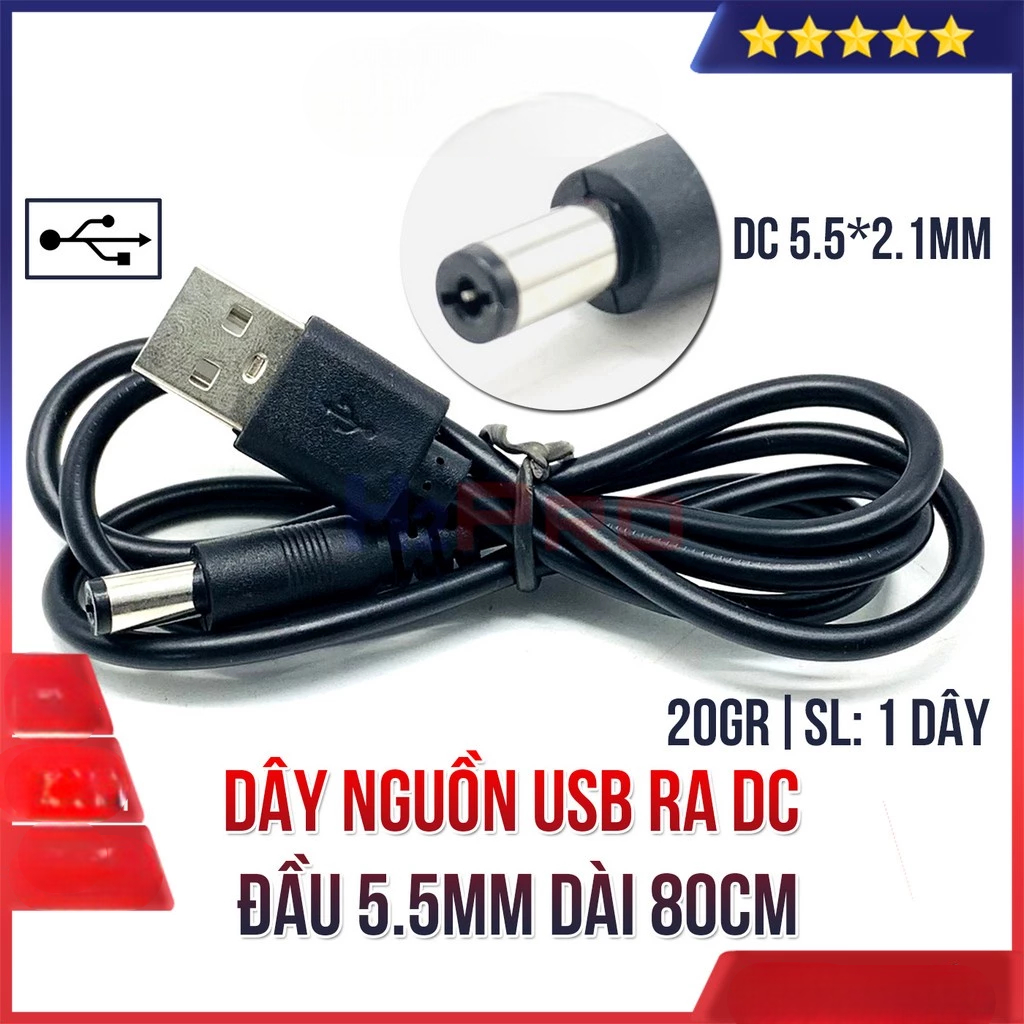 [Top Value] Dây Sạc Cổng Usb Ra Đầu Dc 5.5X2.1 Mm Đầu Tròn, Sạc Cho Các Thiết Bị Dùng Nguồn 5V, Cáp 