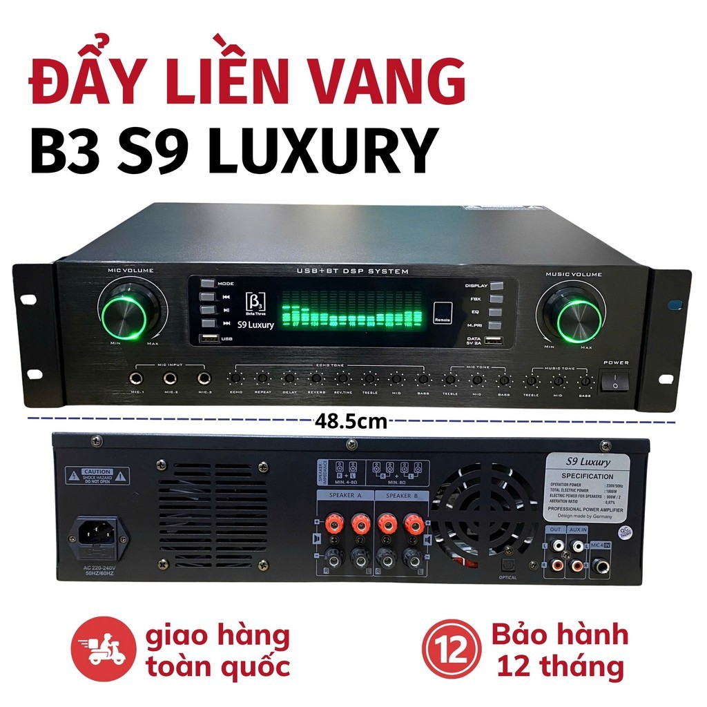 Âm ly Karaoke, Đẩy Liền Vang B3 S9 Luxury 2 Kênh Công Suất 1800W, Nguồn Xuyến, Amply karaoke chống h