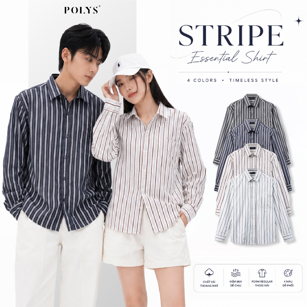 Áo sơ mi sọc Unisex POLYS vải Till sọc vintage, thoáng khí. Áo Sơ Mi Sọc Vintage Dài Tay POLYS