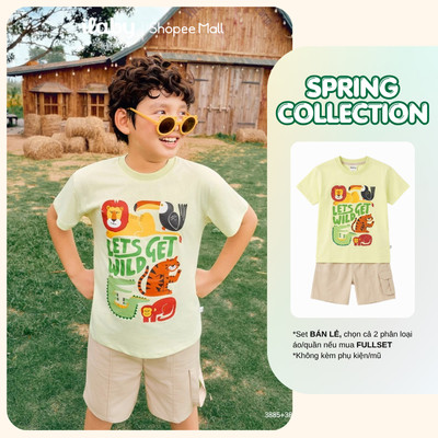 [ILABY 10-40kg] Mix set đồ bé trai, áo thun cotton in hình thú và quần short túi hộp [3885+3894]