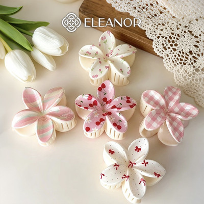Kẹp hoa sứ càng cua Eleanor Accessories họa tiết caro cherry nơ hồng đáng yêu phụ kiện tóc 11882