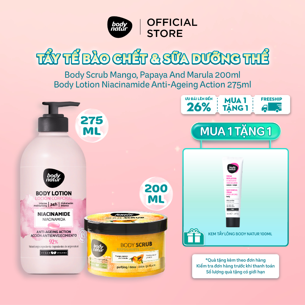 Combo Sữa Dưỡng Thể Niacinamide Anti-Ageing Action 275ml + Tẩy da chết Body Scrub Mango, Papaya and 