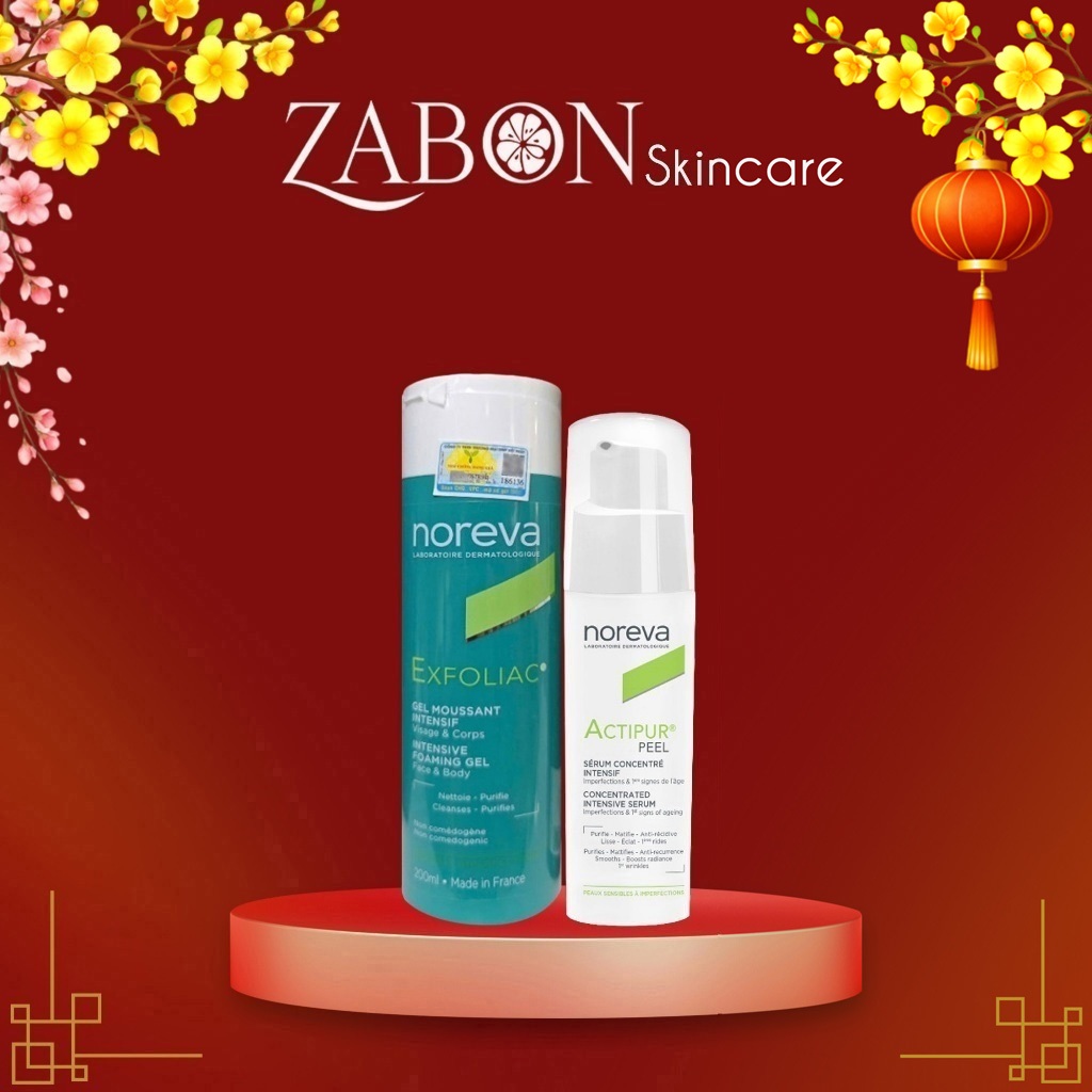 Combo Gel rửa mặt Noreva Exfoliac Intensive Foaming cho da dầu mụn 200ml và Serum Noreva Actipur Pee