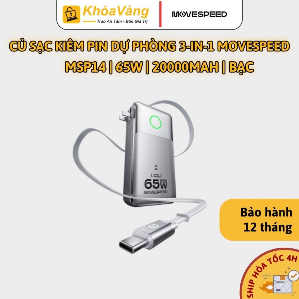 Củ sạc kiêm PIN dự phòng 3-in-1 Movespeed MSP14 | 65W | 20000mAh | Bạc