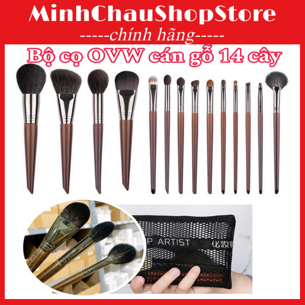 {cọ OVW } Bộ 14 cây cọ OVW cao cấp cán gỗ chất lông thú lông dê mềm mại bám phấn dùng trong makeup