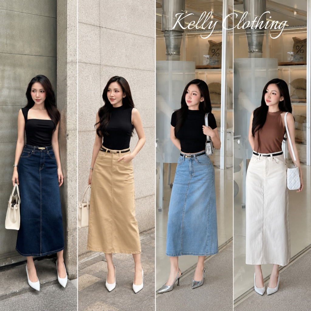 Chân váy jean chữ A dáng dài cạp cao xẻ tà tôn dáng, thanh lịch KELLY NGUYỄN | CVJ003