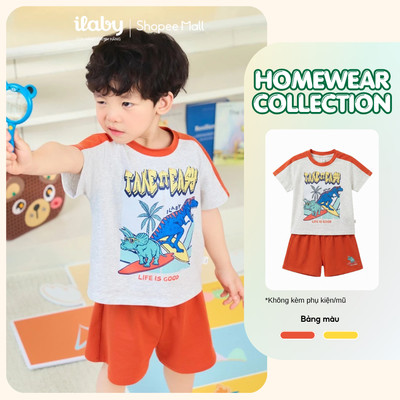 [ILABY 10-40kg] Quần áo mùa hè cho bé trai, đồ bộ cộc tay cotton khủng long lướt sóng [3914]