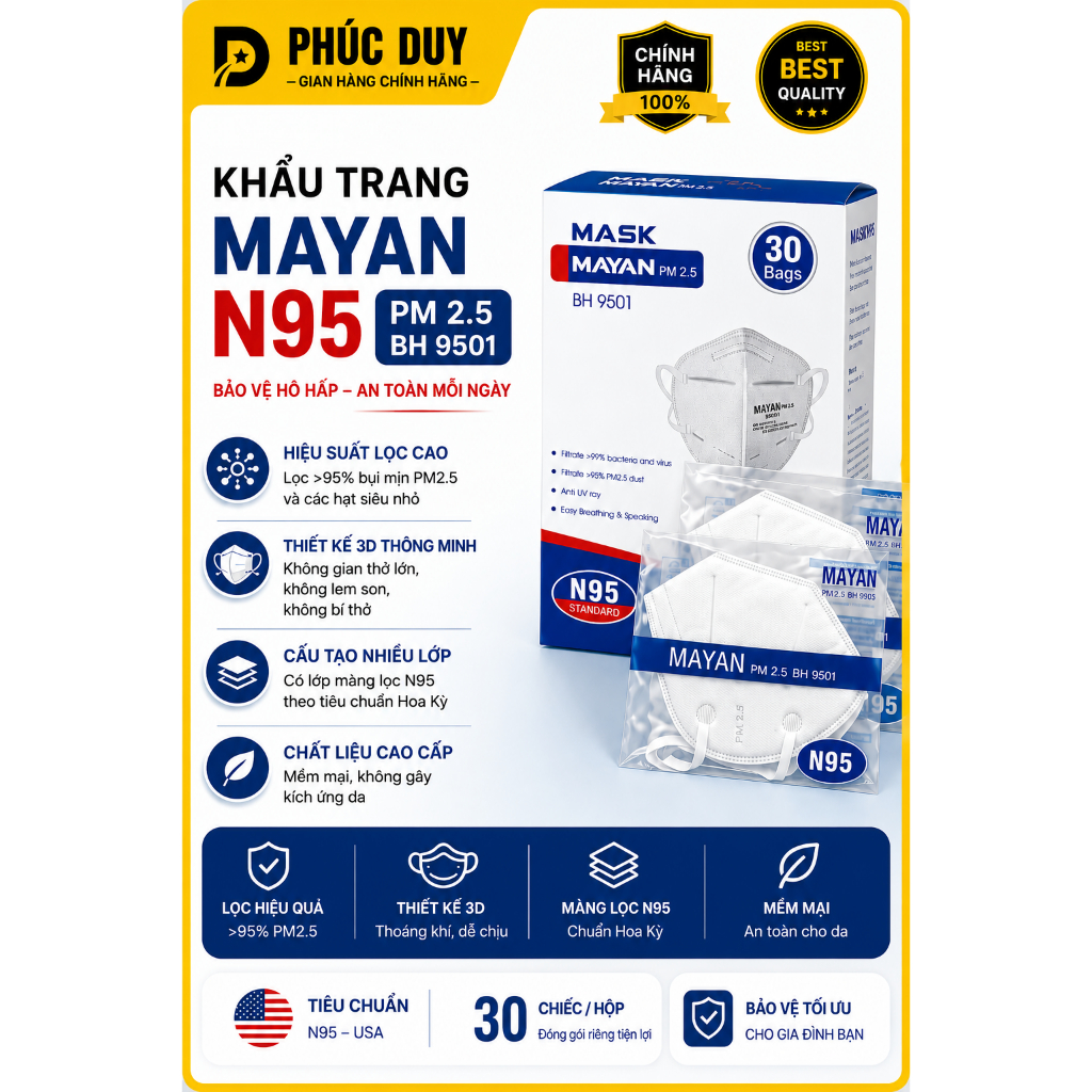 HỘP 60 Cái Khẩu Trang Mayan BH9501 Chuẩn N95 Ngăn Vi Khuẩn 99%, Lọc Bụi 95% PM2.5