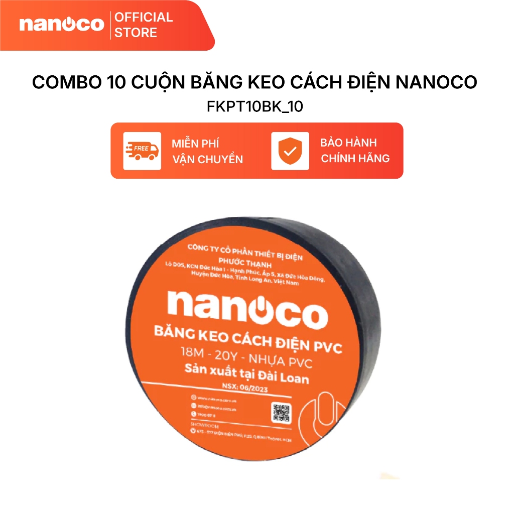 COMBO 10 cuộn băng keo cách điện Nanoco màu đen model: FKPT10BK/ FKPT20BK (10ya/ 20ya)
